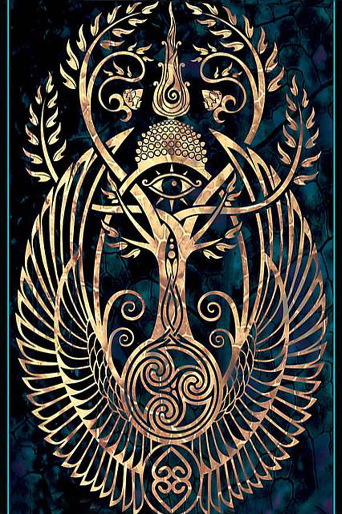 Diamond Painting mit goldenem Lebensbaum, allsehendem Auge und geflügelten Ornamenten auf dunkelblauem Hintergrund.
