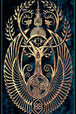 Diamond Painting mit goldenem Lebensbaum, allsehendem Auge und geflügelten Ornamenten auf dunkelblauem Hintergrund.
