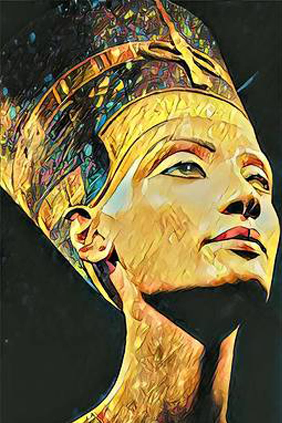 Diamond Painting mit Porträt der ägyptischen Königin Nofretete im goldenen Mosaikstil vor schwarzem Hintergrund.
