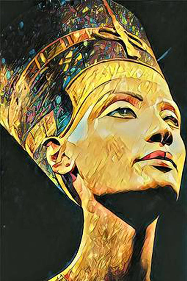 Diamond Painting mit Porträt der ägyptischen Königin Nofretete im goldenen Mosaikstil vor schwarzem Hintergrund.
