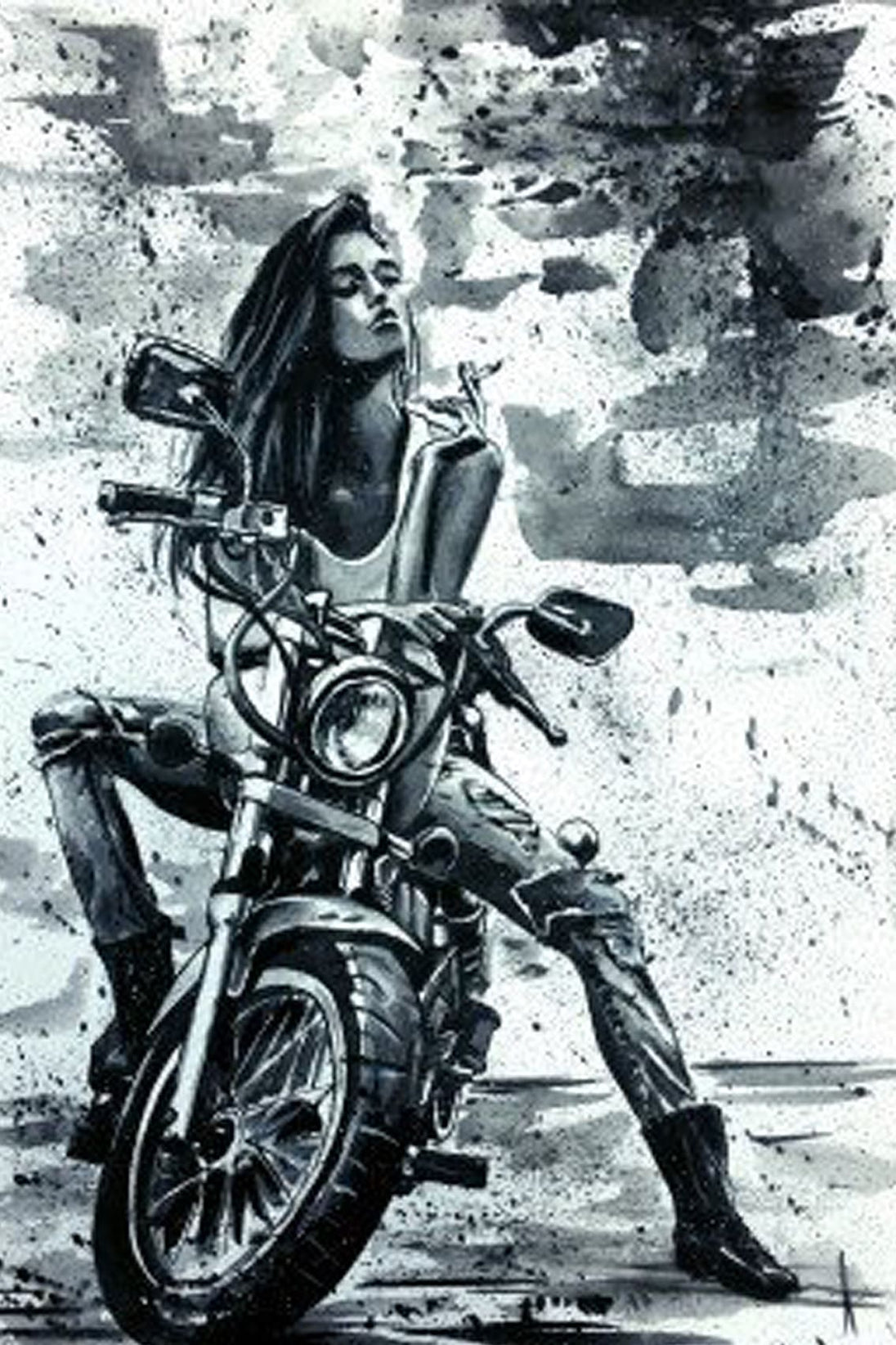 Diamond Painting mit Frau auf Motorrad im kontrastreichen Schwarz-Weiß-Stil.
