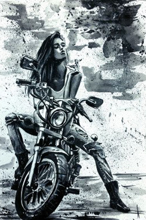 Diamond Painting mit Frau auf Motorrad im kontrastreichen Schwarz-Weiß-Stil.
