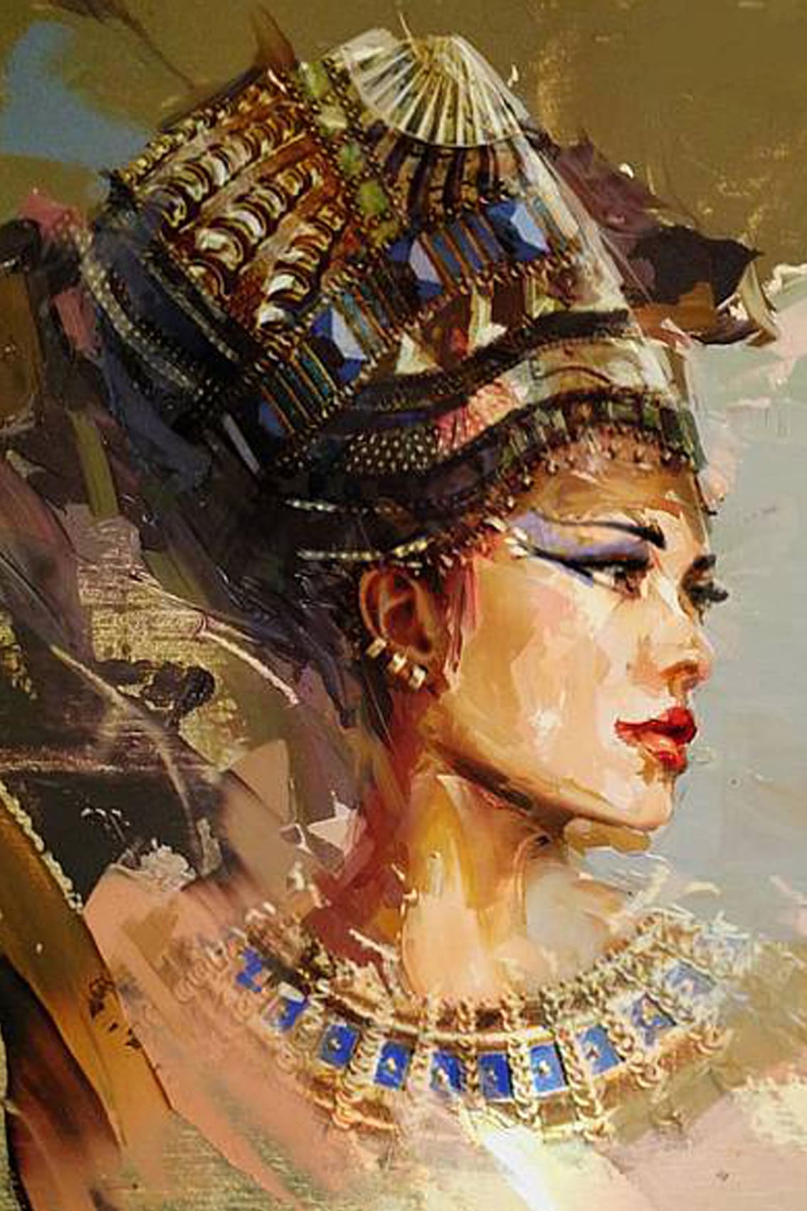 Diamond Painting mit ägyptischer Pharaonin im Seitenprofil mit kunstvoller Krone und blau-goldenem Halsschmuck.
