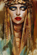 Diamond Painting mit ägyptischer Pharaonin und goldenem Kopfschmuck im Porträt.
