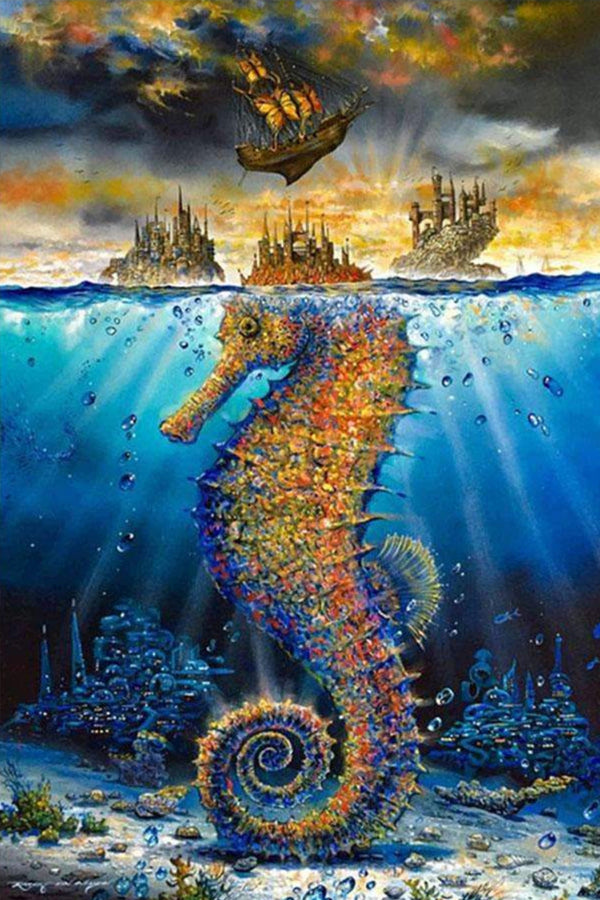 Diamond Painting mit farbigem Seepferdchen, Unterwasserwelt, Fantasieinseln und Segelschiff.