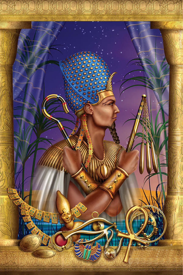 Diamond Painting mit heiligem ägyptischem König, blauer Krone und goldenen Tempelsymbolen.
