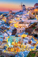 Diamond Painting mit Santorini, weißen Häusern, Windmühlen und Abendhimmel über der griechischen Insel.