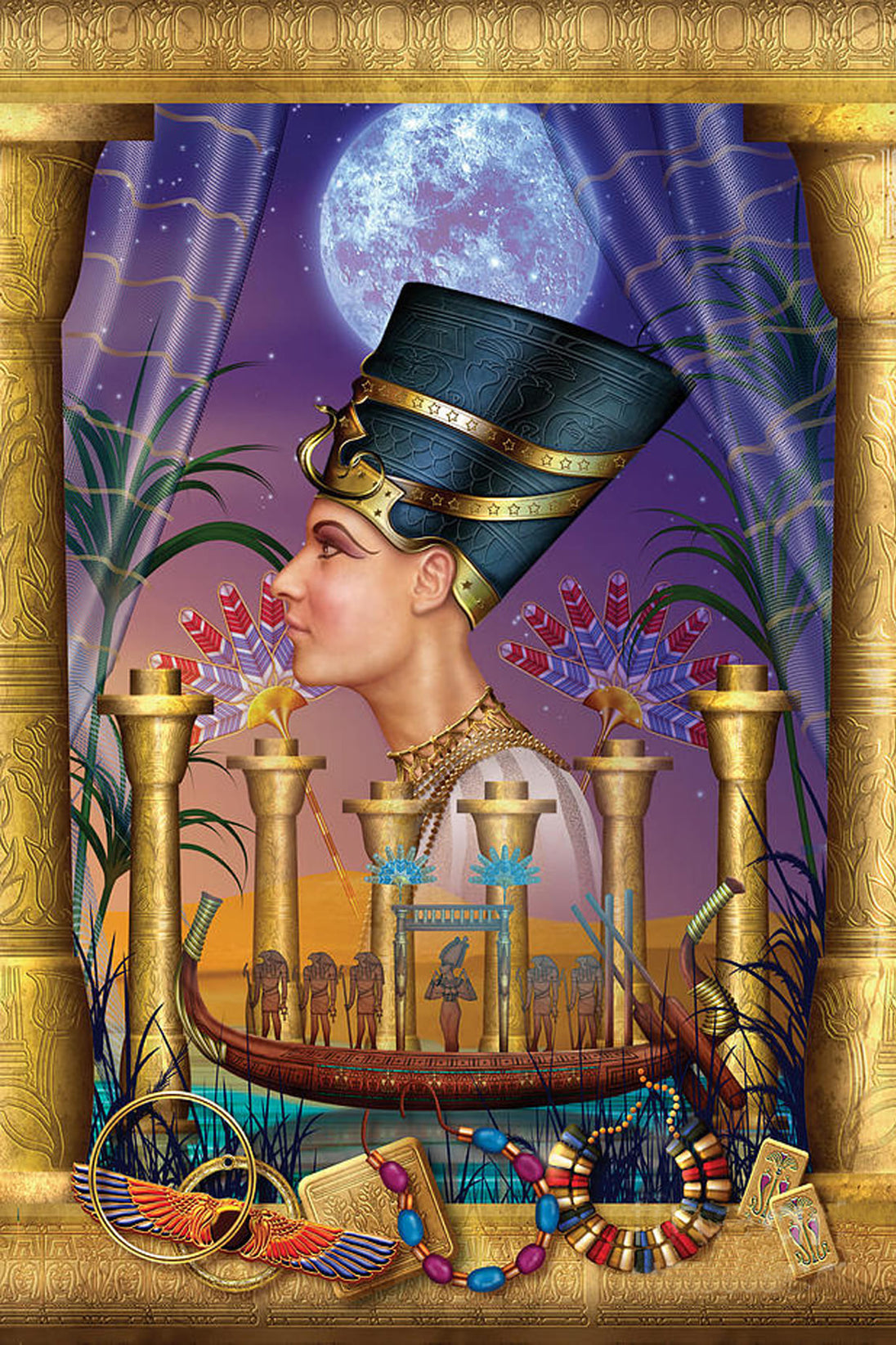 Diamond Painting mit Königin Nofretete, blauer Krone, Vollmond und ägyptischer Tempelszene.
