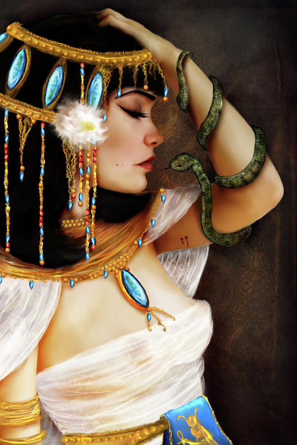 Diamond Painting mit ägyptischer Königin, Kobra am Arm und goldener Kopfbedeckung.