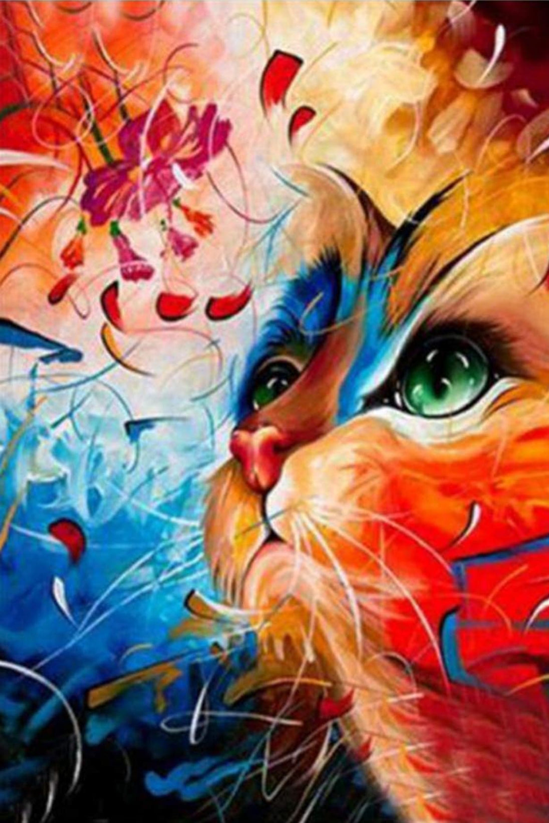 Diamond Painting mit farbenfrohem Katzenporträt im abstrakten Pop-Art-Stil und großem grünem Auge.