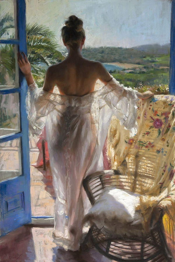 Diamond Painting mit Frau im weißen Kleid am offenen Fenster mit Blick auf eine mediterrane Landschaft.

