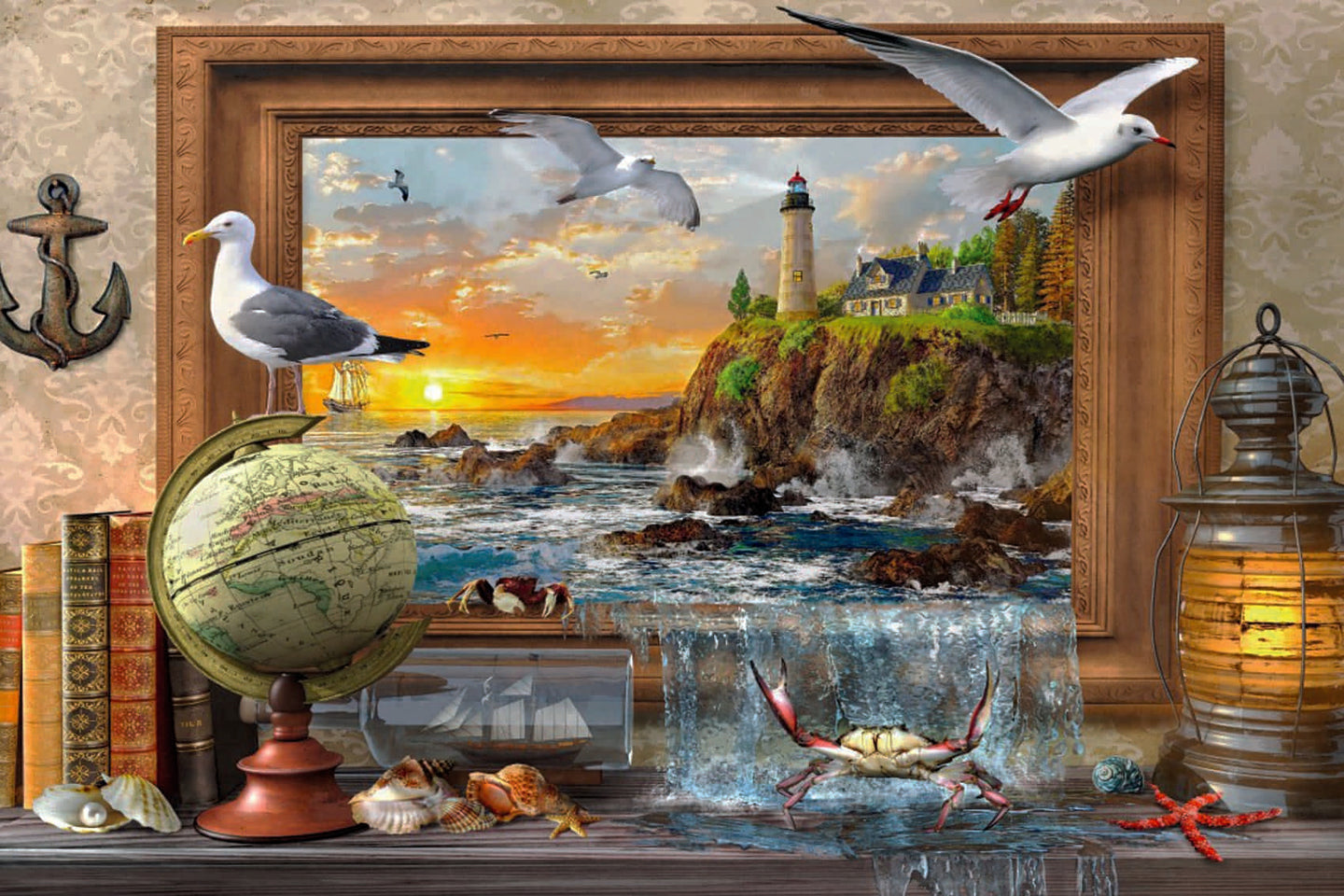 Diamond Painting mit Leuchtturm, Möwen, Brandung und maritimem Stillleben an einer felsigen Küste.