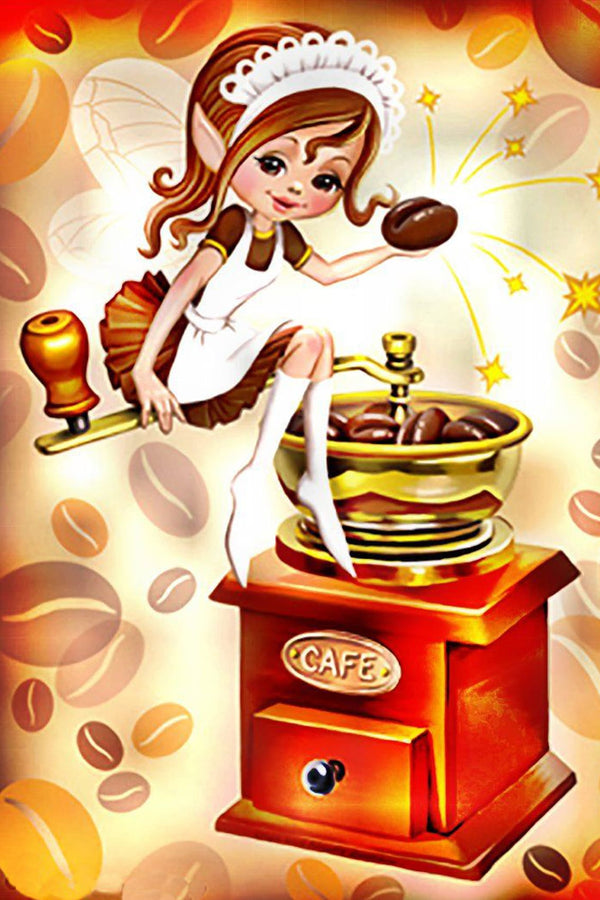 Diamond Painting mit Kaffeefee auf nostalgischer Kaffeemühle und schwebenden Kaffeebohnen.
