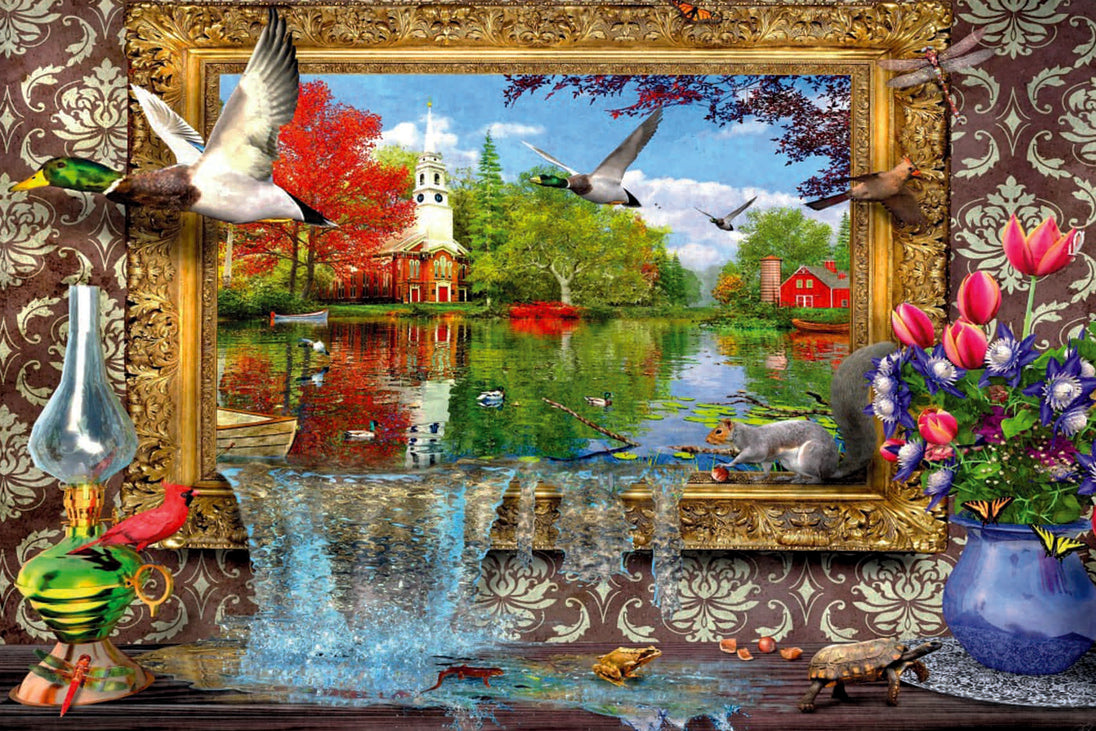 Diamond Painting mit surrealer Seelandschaft, Kirche, Enten und Wasserfall aus einem goldenen Bilderrahmen.
