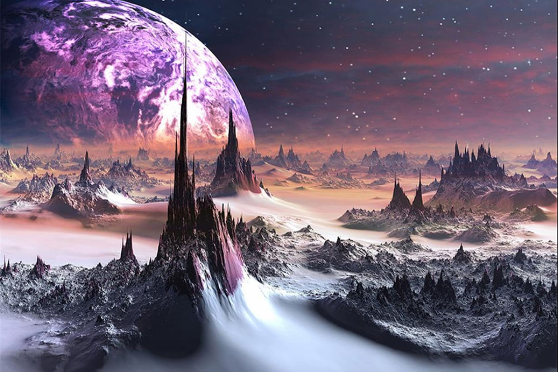 Diamond Painting mit riesigem Planeten über einer futuristischen Felslandschaft und Sternenhimmel.
