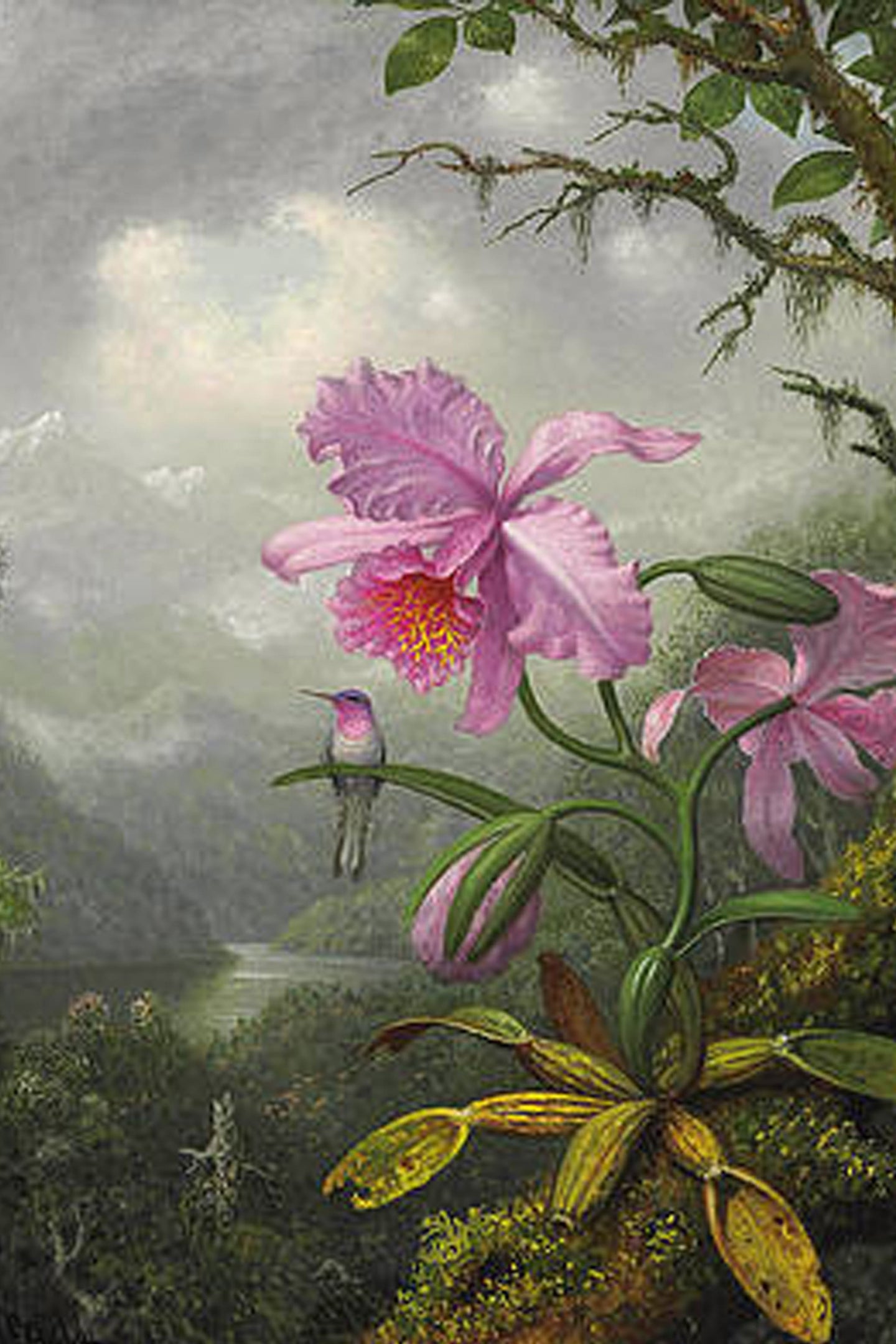 Diamond Painting mit rosa Orchidee und schwebendem Kolibri vor einer nebligen Tropenlandschaft.
