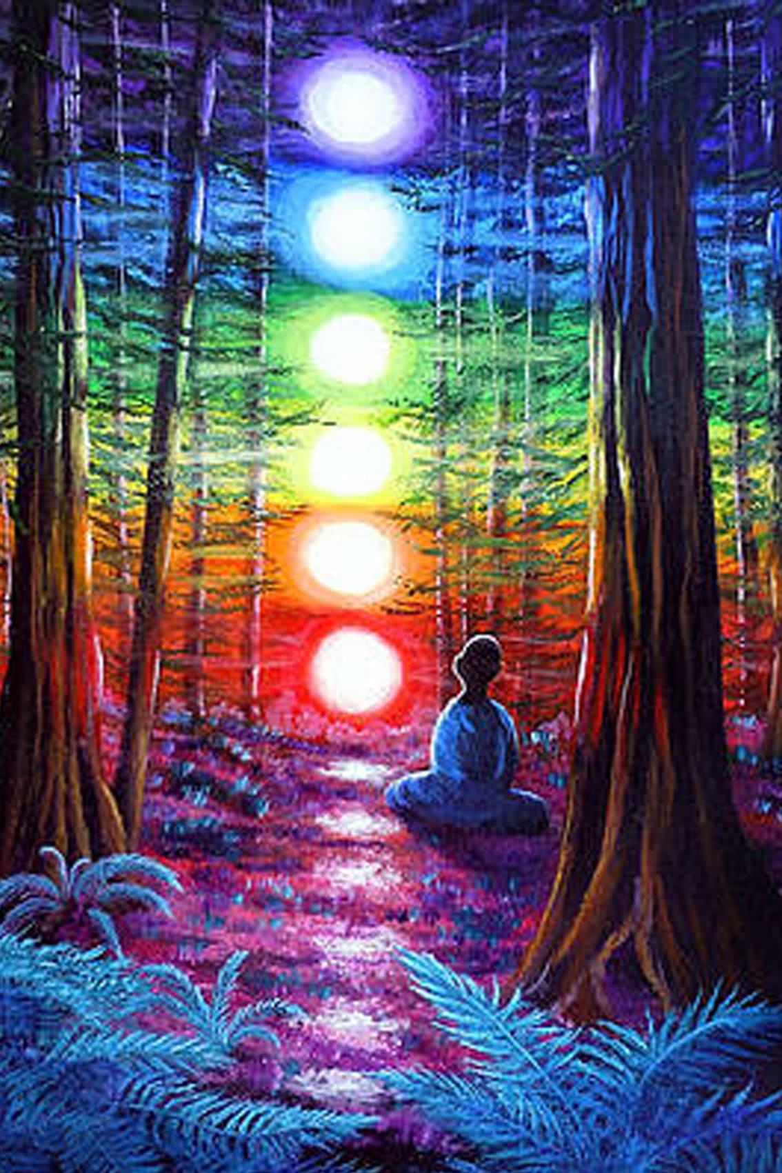 Diamond Painting mit meditierender Person im Wald und leuchtenden Chakren zwischen hohen Bäumen.
