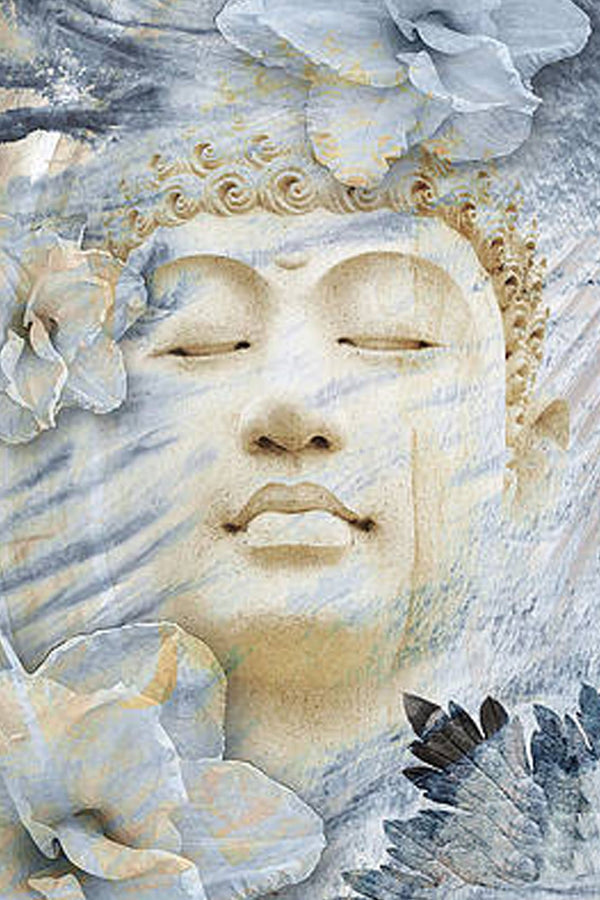 Diamond Painting mit ruhendem Buddha-Gesicht und weißen Blüten in sanften Creme- und Grautönen.
