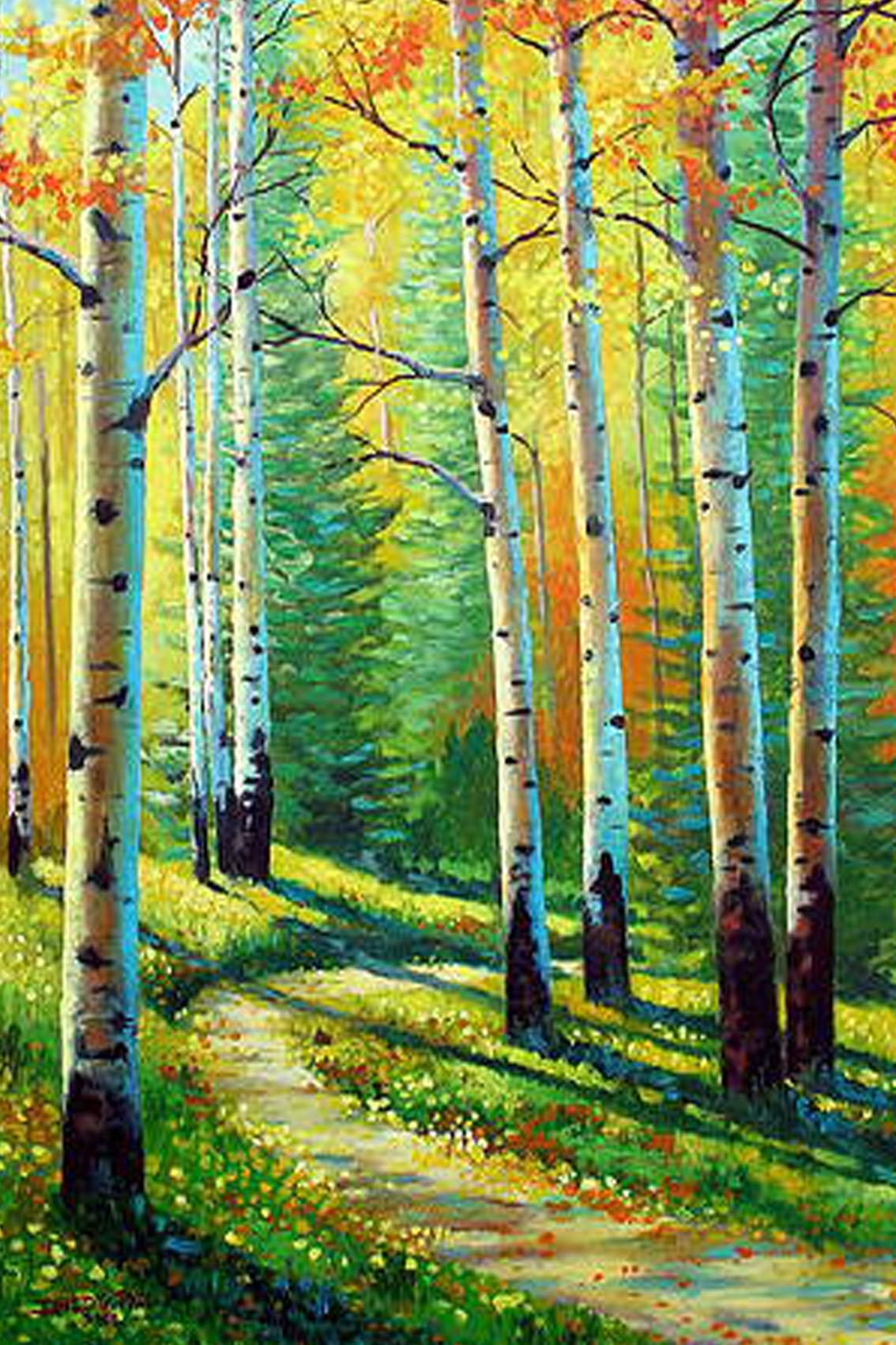 Diamond Painting mit sonnigem Birkenwald, hellem Waldweg und leuchtendem Herbstlaub.
