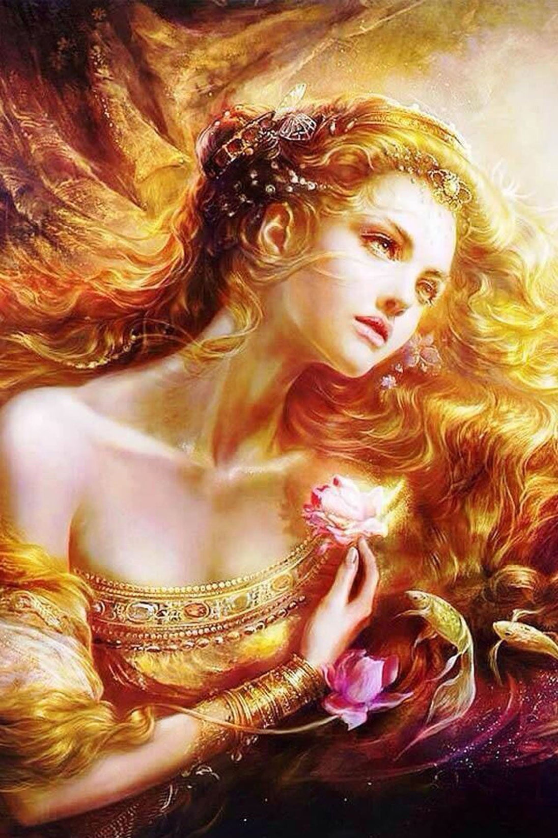 Diamond Painting mit romantischem Frauenporträt, goldenem Haar und rosa Blüte im Malstil.
