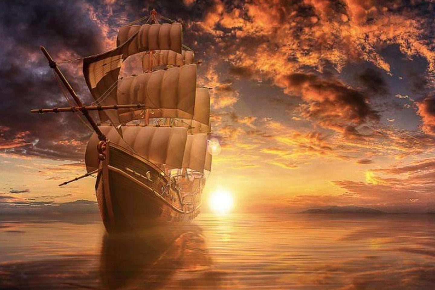 Diamond Painting mit historischem Großsegler auf ruhigem Meer bei goldenem Sonnenuntergang.
