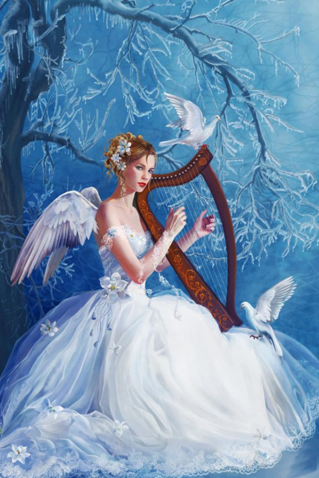 Diamond Painting mit Engel im weißen Kleid an einer Harfe zwischen vereisten Bäumen und weißen Tauben.
