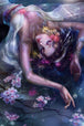 Diamond Painting mit ruhender Frau, Kirschblüten und elegantem Haarschmuck in nächtlicher Farbkomposition.
