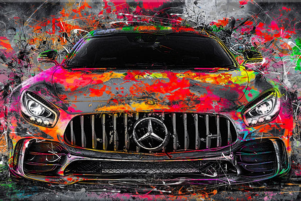 Diamond Painting mit Mercedes AMG in Frontansicht und farbenfrohem Street-Art-Hintergrund.
