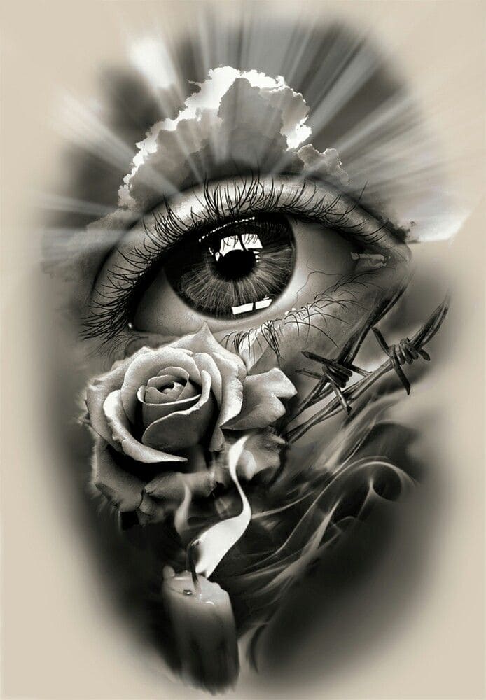 Diamond Painting mit Auge, Rose, Kerze und Lichtstrahlen in monochromer Gestaltung.