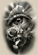 Diamond Painting mit Auge, Rose, Kerze und Lichtstrahlen in monochromer Gestaltung.