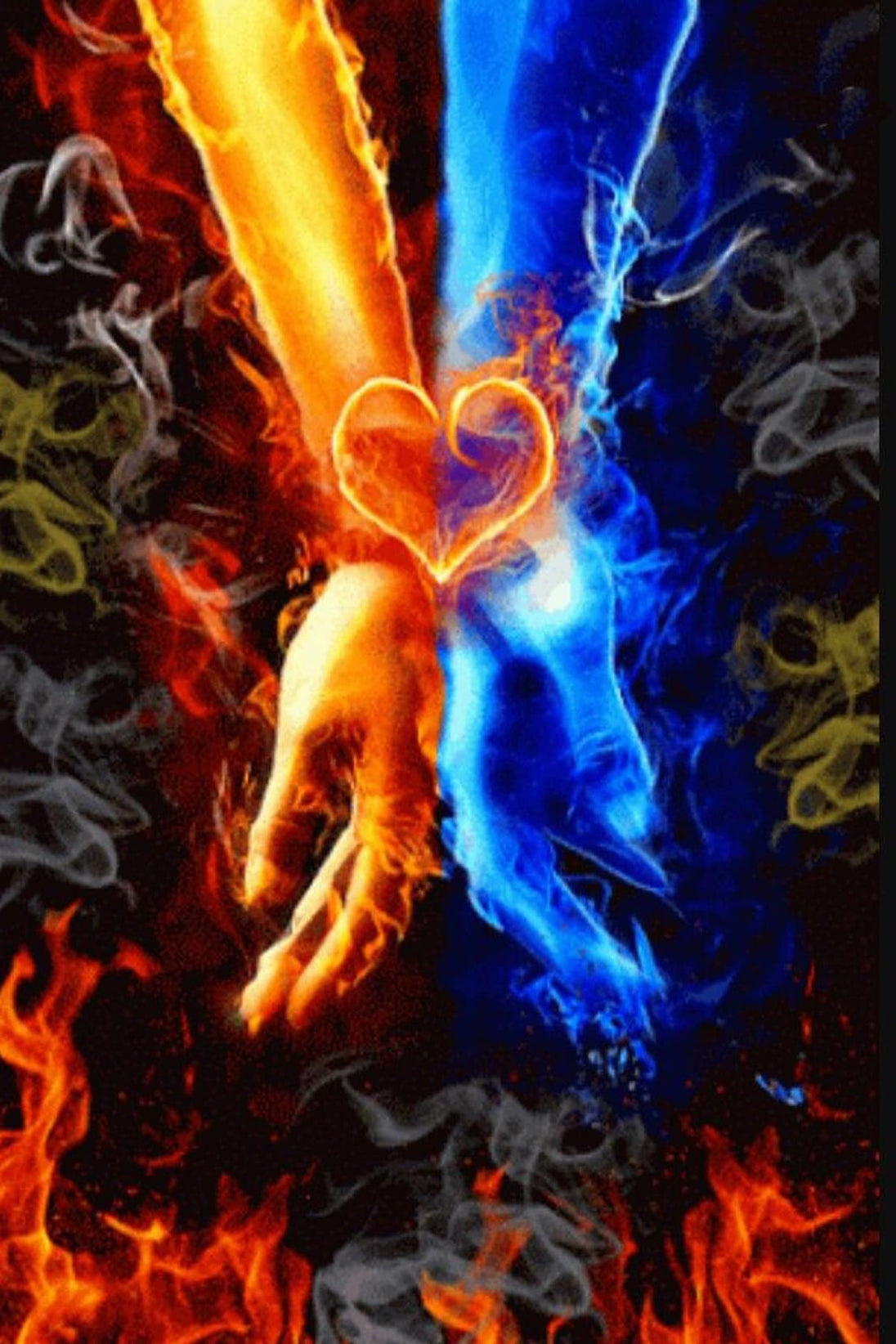 Diamond Painting mit Feuer- und Eishand sowie leuchtendem Herz aus Flammen.
