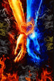Diamond Painting mit Feuer- und Eishand sowie leuchtendem Herz aus Flammen.
