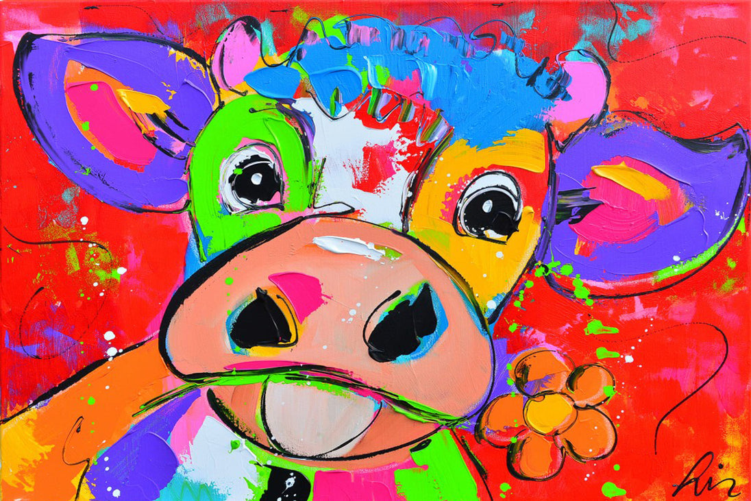 Diamond Painting mit bunter Pop-Art Kuh in leuchtenden Neonfarben und ausdrucksstarkem Gesicht.