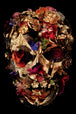 Diamond Painting mit floralem Totenkopf aus goldenen Vögeln, Blüten und Schmetterlingen auf schwarzem Hintergrund.
