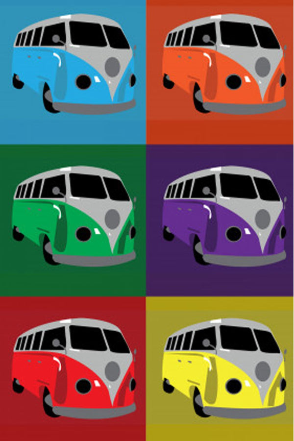 Diamond Painting mit sechs farbigen VW Bullis im Pop-Art-Stil auf unterschiedlich farbigen Hintergründen.