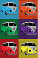 Diamond Painting mit sechs farbigen VW Bullis im Pop-Art-Stil auf unterschiedlich farbigen Hintergründen.