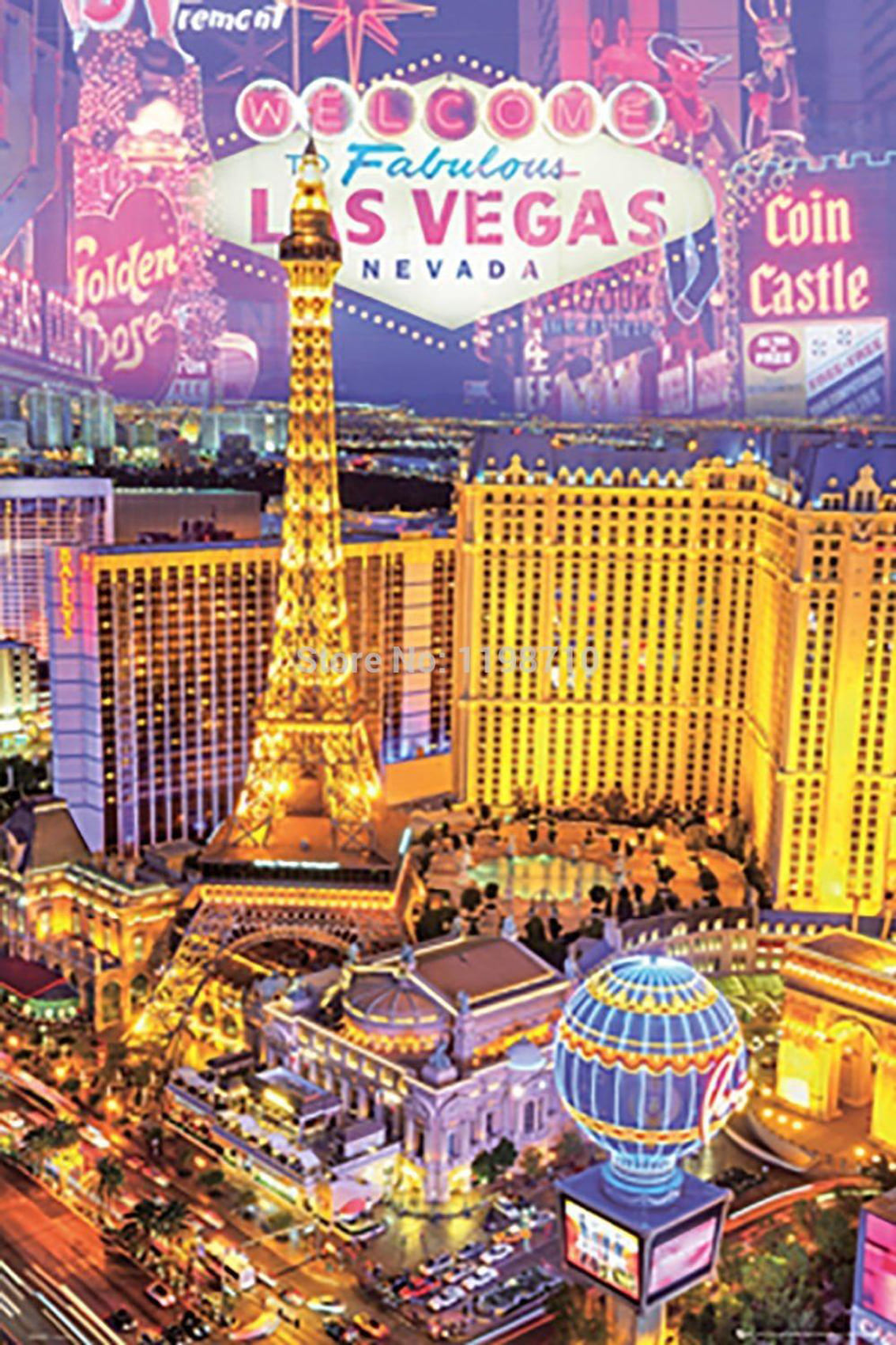 Diamond Painting mit beleuchteter Las-Vegas-Skyline, Eiffelturm und Welcome-Schild bei Nacht.