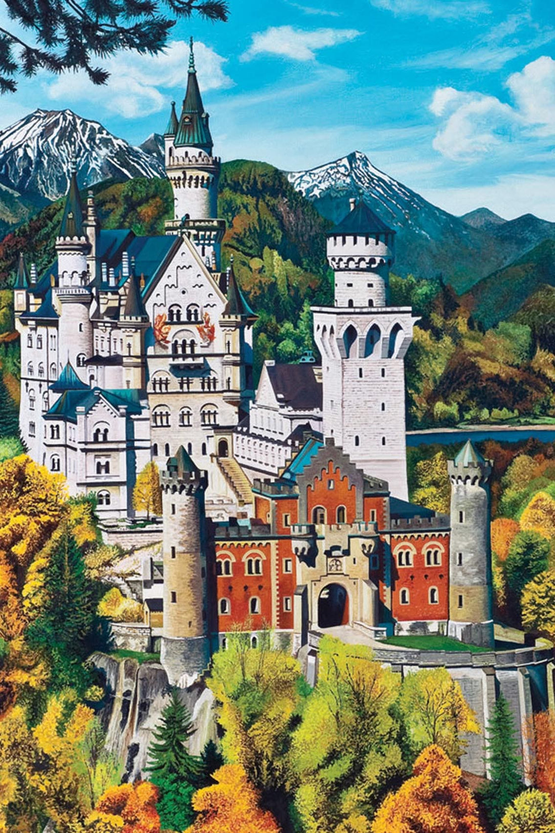 Diamond Painting mit Schloss Neuschwanstein vor Alpen, Wald und blauem Himmel.