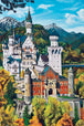 Diamond Painting mit Schloss Neuschwanstein vor Alpen, Wald und blauem Himmel.