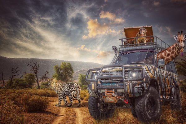 Diamond Painting mit Safari-Jeep, Leopard, Giraffe und Affe in der afrikanischen Savanne.
