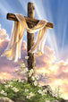Diamond Painting mit hölzernem Kreuz, weißem Tuch, Sonnenstrahlen und blühenden Zweigen vor hellem Himmel.