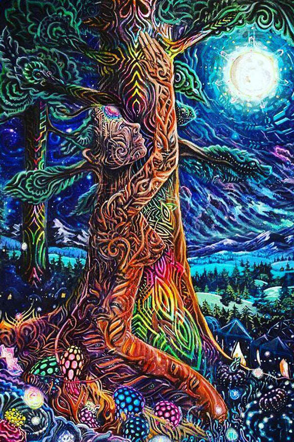 Diamond Painting mit kosmischem Lebensbaum, spiritueller Waldgestalt und leuchtendem Vollmond.