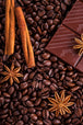 Diamond Painting mit Kaffeebohnen, Schokolade, Zimtstangen und Sternanis in fotorealistischer Darstellung.