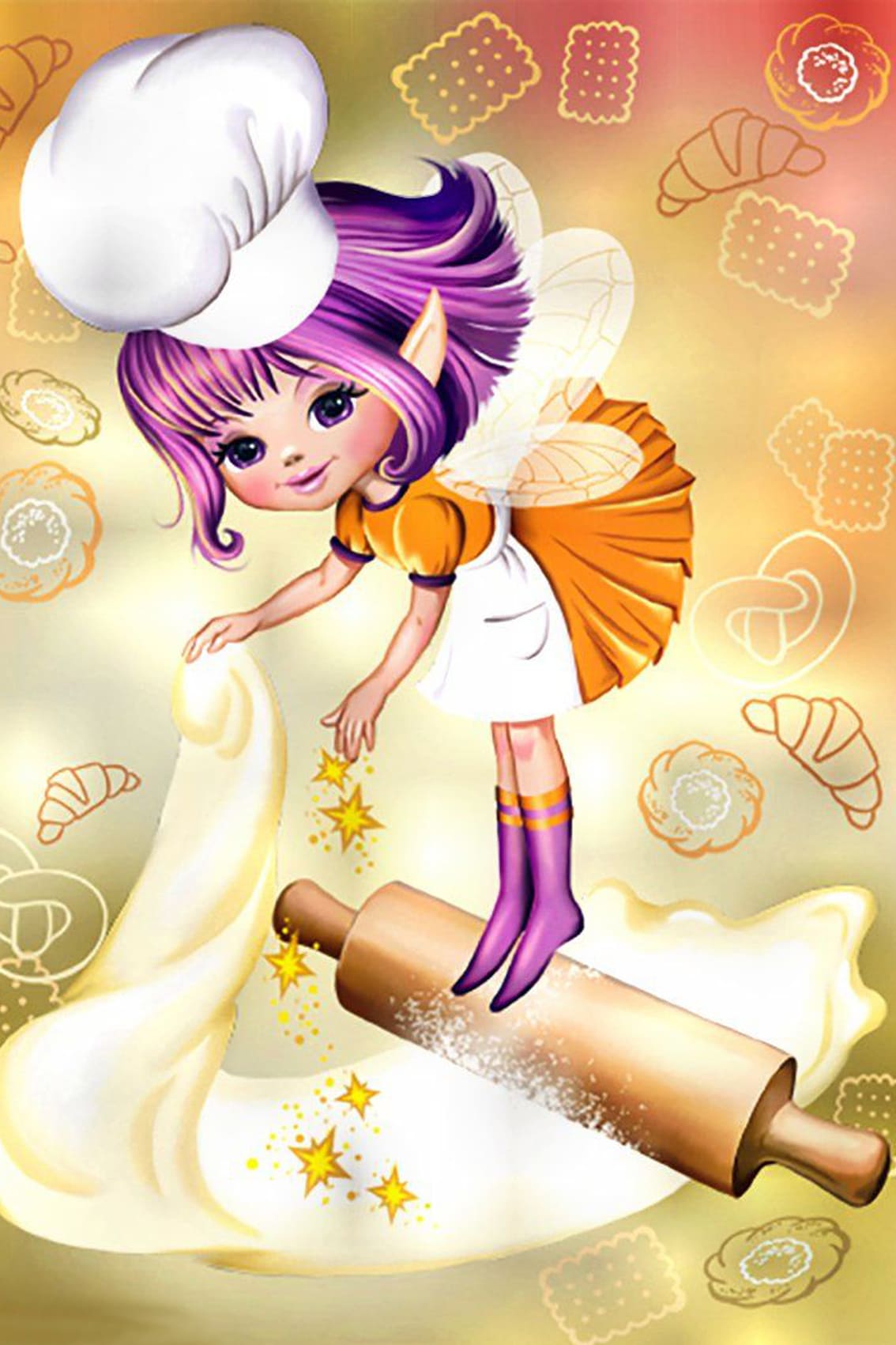 Diamond Painting mit einer Backfee, Nudelholz und ausgerolltem Teig im Cartoonstil.