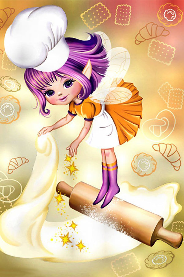 Diamond Painting mit einer Backfee, Nudelholz und ausgerolltem Teig im Cartoonstil.