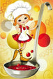 Diamond Painting mit Küchenfee auf einer Suppenkelle über roter Suppe im Cartoonstil.
