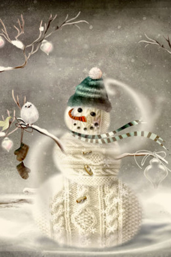 Diamond Painting mit gestricktem Schneemann, Wintervogel und verschneiter Winterlandschaft.
