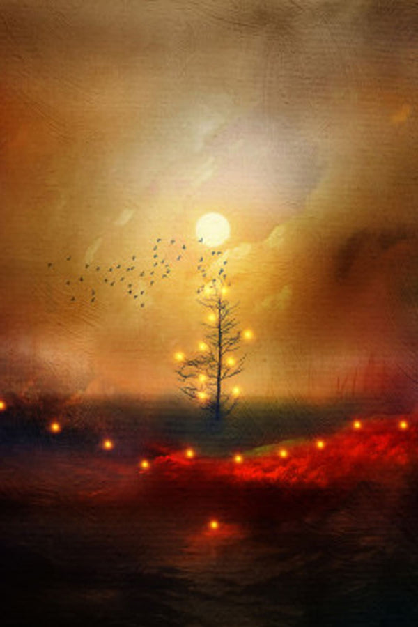 Diamond Painting mit minimalistischem Weihnachtsbaum, Mondlicht und warmen Lichtern in einer winterlichen Landschaft.