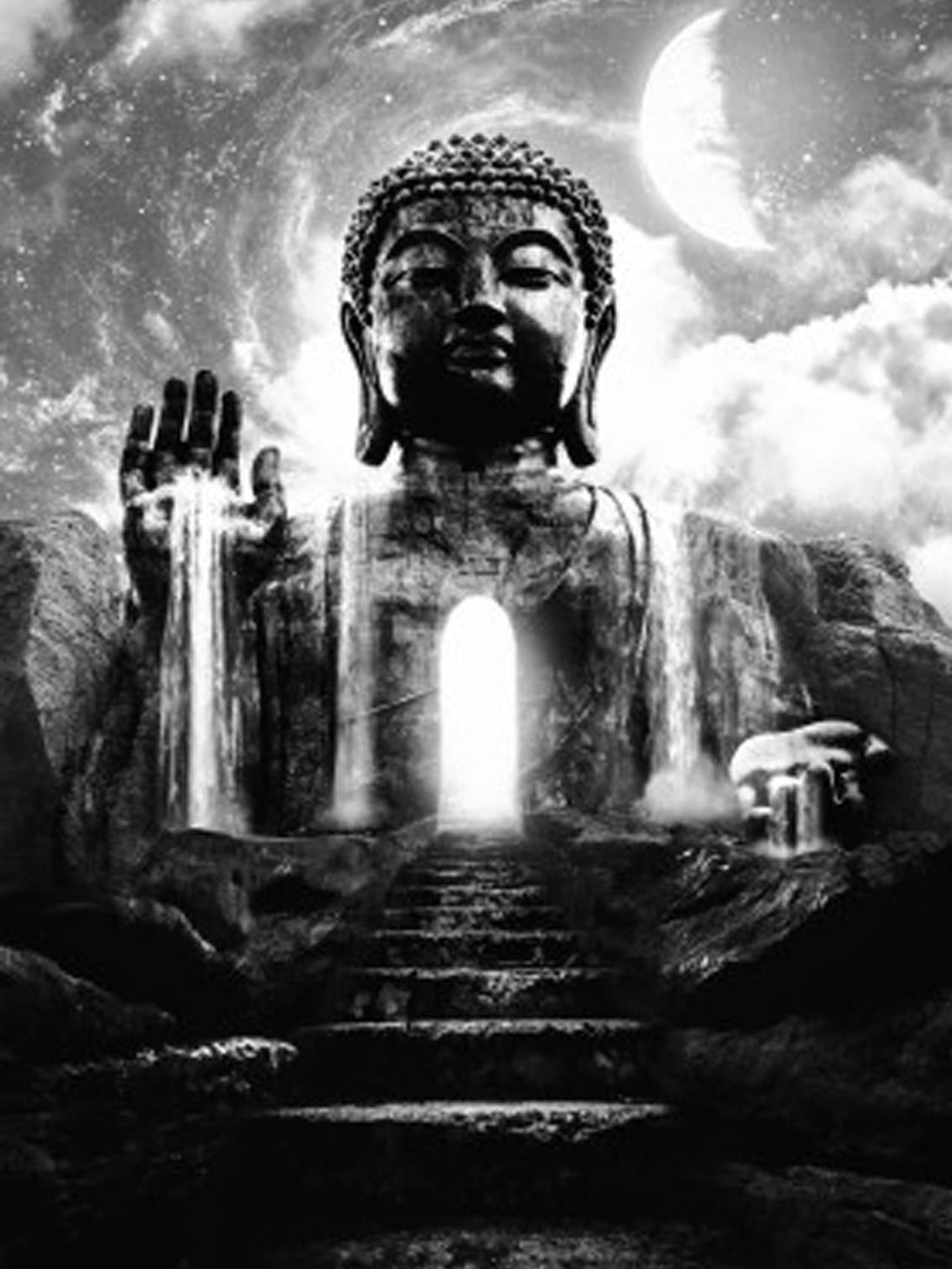 Diamond Painting mit monumentaler Buddha-Statue, Mond, Wasserfällen und leuchtendem Tor in Schwarz-Weiß.