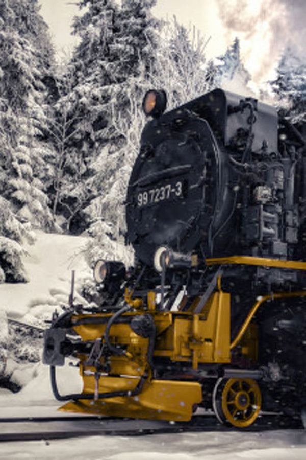 Diamond Painting mit historischer Dampflokomotive auf verschneiten Gleisen im winterlichen Wald.